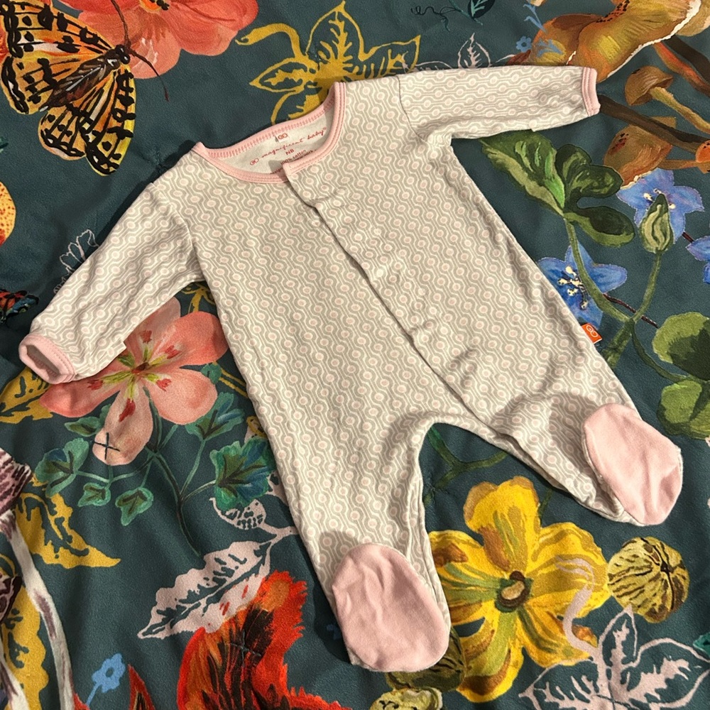 Magnificent Baby Pink & Grey Magnetic Footie Size Newborn Like New
